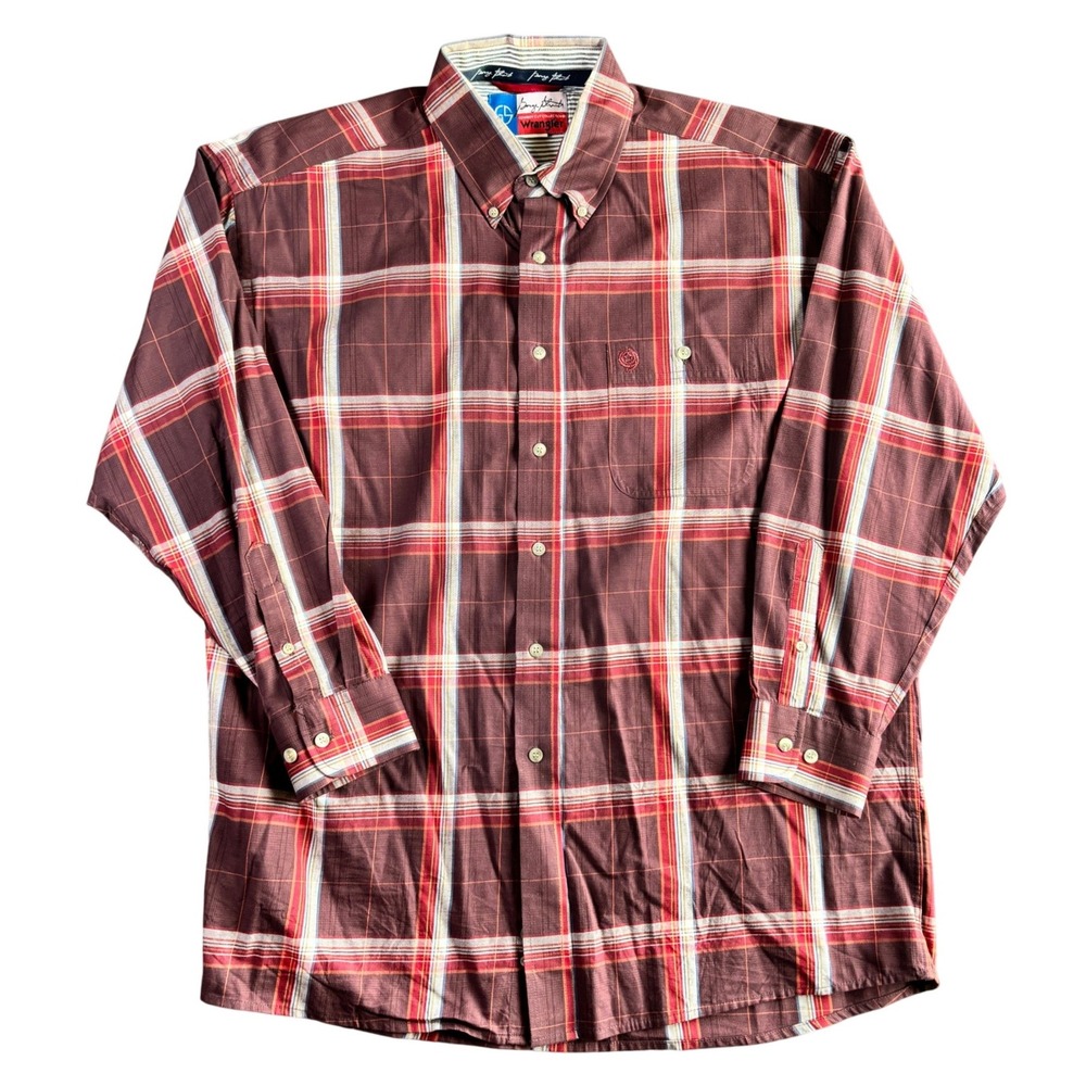 Wrangler George Strait Cowboy Cut Maroon Plaid Western Shirt Mens 2XL